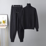High neck solid color sweater knitted two-piece set