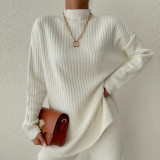 Half high neck knitted sweater wide leg pants two-piece set
