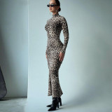 KP10452 leopard print slim fit pleated waist cinching temperament long sleeved dress