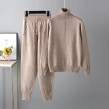 High neck solid color sweater knitted two-piece set
