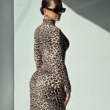KP10452 leopard print slim fit pleated waist cinching temperament long sleeved dress