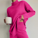 Half high neck knitted sweater wide leg pants two-piece set