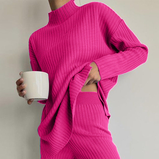 Half high neck knitted sweater wide leg pants two-piece set