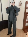 Half zip casual polo collar pullover sweater top wide leg pants two-piece set