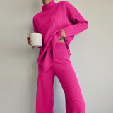 Half high neck knitted sweater wide leg pants two-piece set