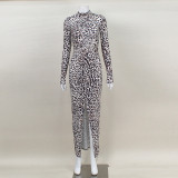 KP10452 leopard print slim fit pleated waist cinching temperament long sleeved dress