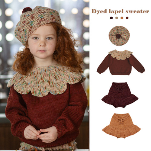Retro style children's lapel knit sweater and short skirt set