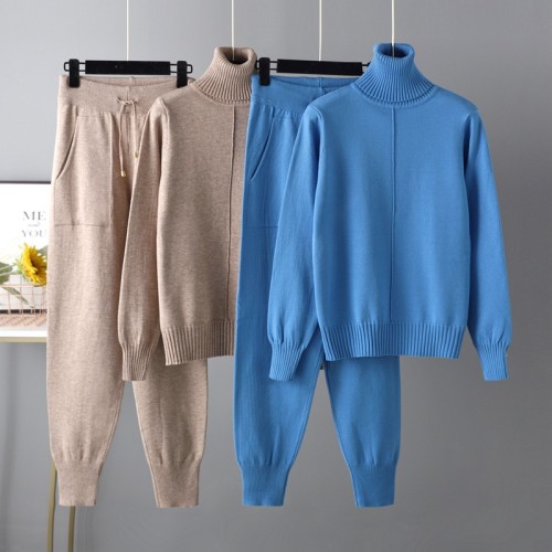 High neck solid color sweater knitted two-piece set