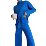 Half high neck knitted sweater wide leg pants two-piece set