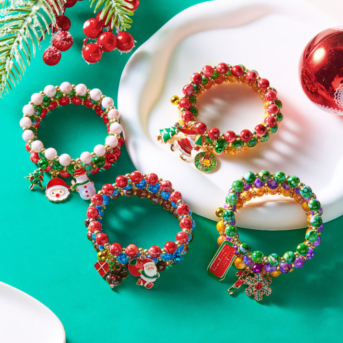 Christmas Tree, Santa Claus, Snowman, Handmade, Three Piece Set, Beaded Combination Bracelet, Female