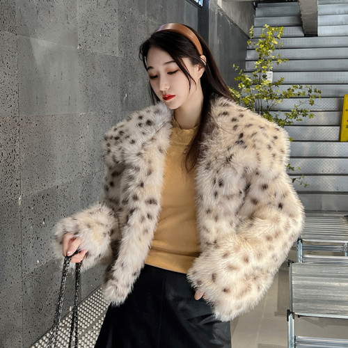 Leopard point square collar short fur jacket