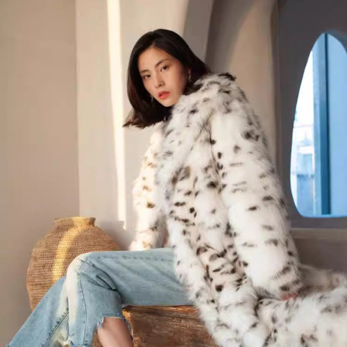 Leopard print fur integrated fur coat imitating fox fur mink coat