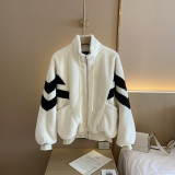Black and white color blocked lamb wool jacket