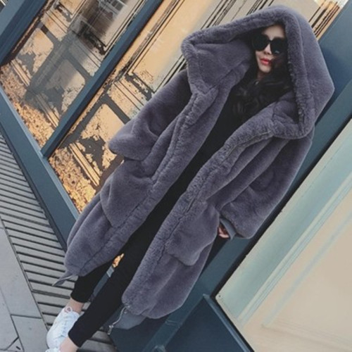 Imitation Otter Rabbit Hair Long Hooded Fur Grass Coat for Women