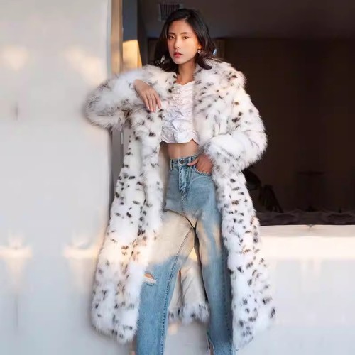 Leopard print fur integrated fur coat imitating fox fur mink coat