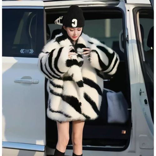 Toka zebra print large skim collar simulated fur coat