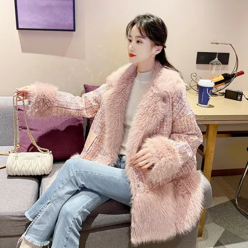 Glitter imitation fur long sleeved loose jacket