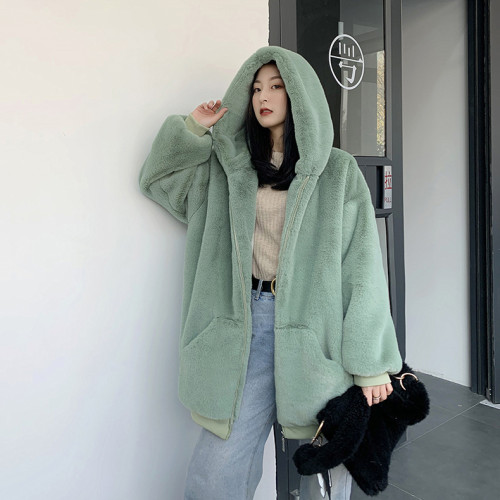 Imitation otter rabbit fur grass medium long hooded coat
