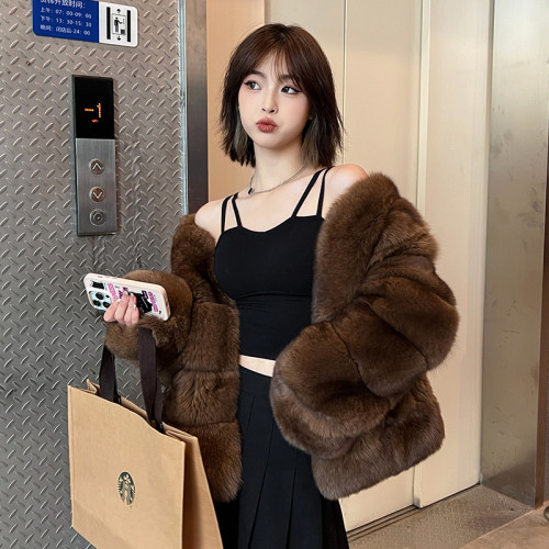 Round neck imitation fox fur grass coat women's short style