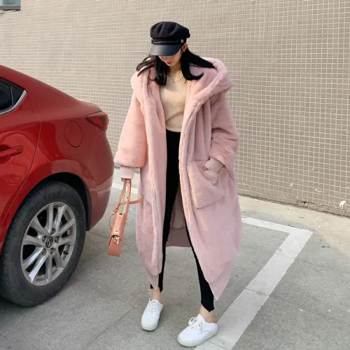 Imitation Otter Rabbit Hair Long Hooded Fur Grass Coat for Women