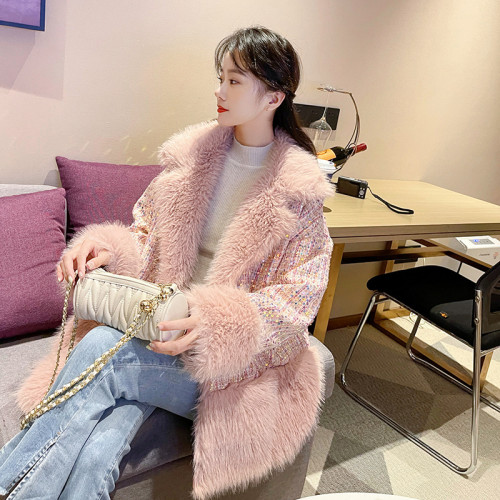 Glitter imitation fur long sleeved loose jacket
