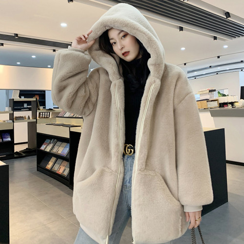 Imitation otter rabbit fur grass medium long hooded coat