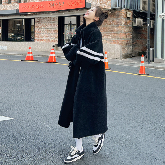 Black lambhair coat women's long style