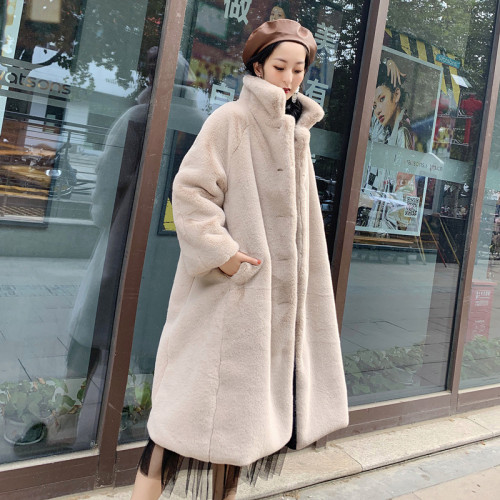 Medium to long loose faux fur jacket for women, faux lamb fur jacket