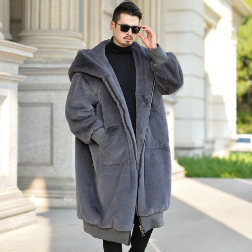 Men's mid to long imitation rabbit fur coat