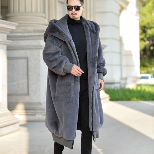 Men's mid to long imitation rabbit fur coat