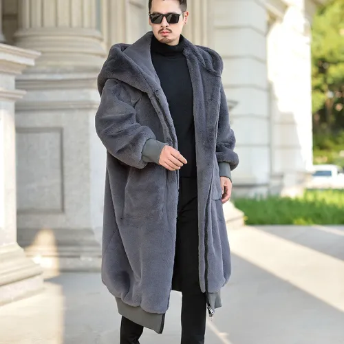 Men's mid to long imitation rabbit fur coat