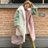 Color blocked woven otter rabbit fur coat with thickened faux fur