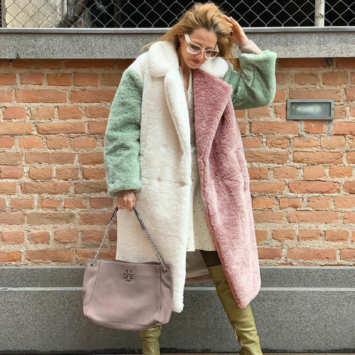 Color blocked woven otter rabbit fur coat with thickened faux fur