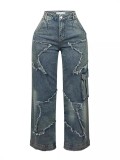 Star tassel fringed loose straight leg jeans