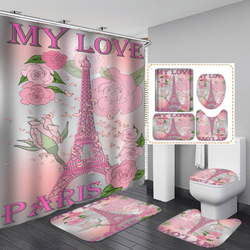 Four piece shower curtain set with plastic hooks, no need for punching shower curtains