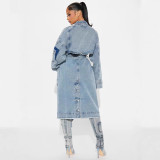 Double breasted denim jacket, loose denim windbreaker with waistband