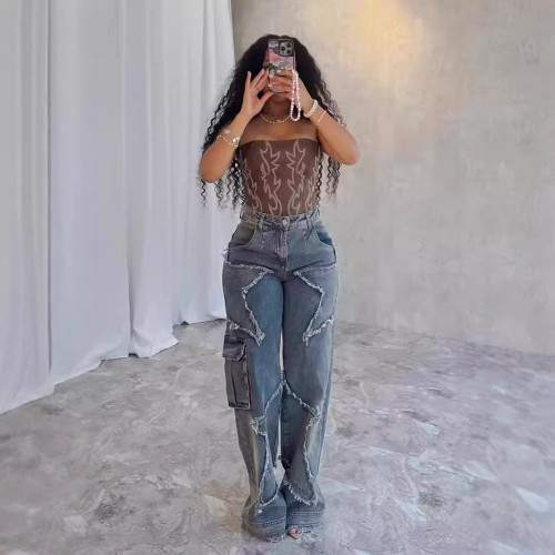 Star tassel fringed loose straight leg jeans