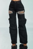 Hollow diamond work pants with multiple pockets and elastic jeans for women