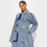 Double breasted denim jacket, loose denim windbreaker with waistband