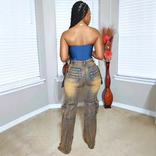 Splicing multi pocket workwear jeans pants