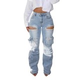 Hollow diamond work pants with multiple pockets and elastic jeans for women