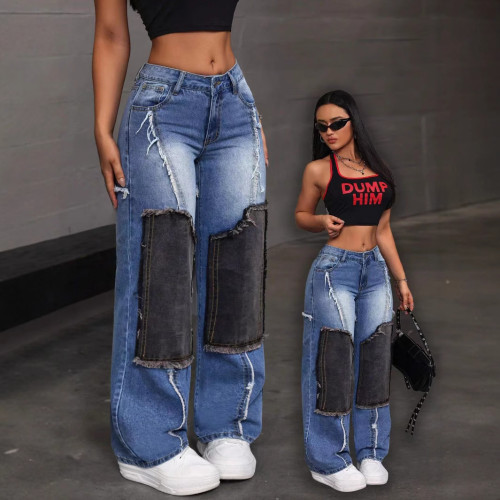 Splicing fabric denim high waisted fringed straight leg pants