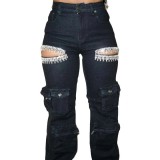 Female tassel diamond design straight leg jeans