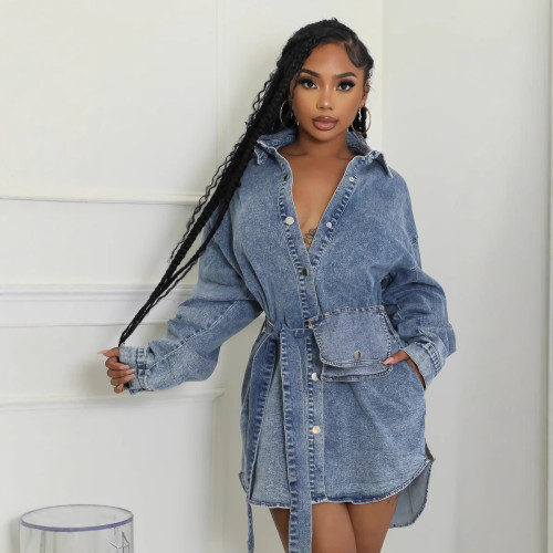 Long sleeved lace up mid length denim jacket