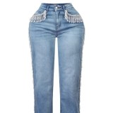Straight leg jeans with tassel design
