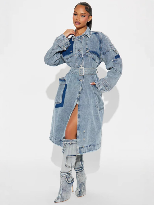 Double breasted denim jacket, loose denim windbreaker with waistband