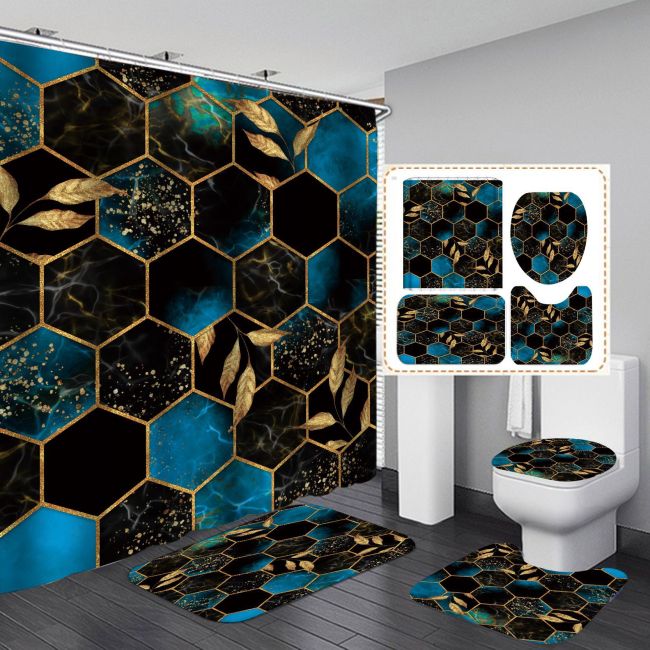 Printed geometric marble texture bathroom shower curtain four piece set
