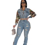 Retro Jeans Women's Splicing Two Piece Fashion Side Lace Set