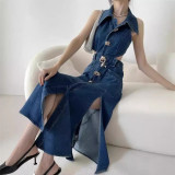 Cowboy dress with deep V-neck and split hem