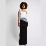 Black pleated fake two-piece spliced denim skirt
